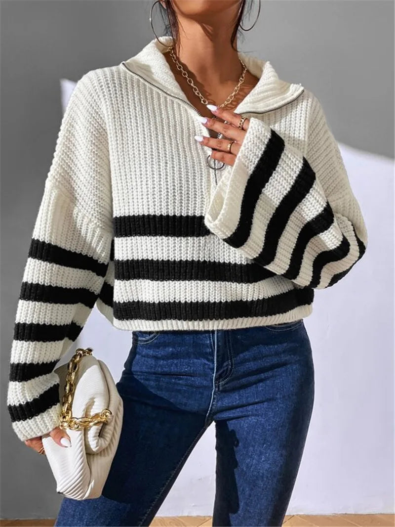 Pullover Sweaters - Zippy Contrast Stripe Flare Sweater