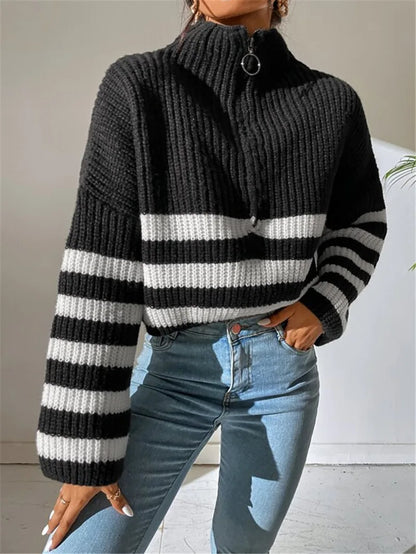 Pullover Sweaters - Zippy Contrast Stripe Flare Sweater