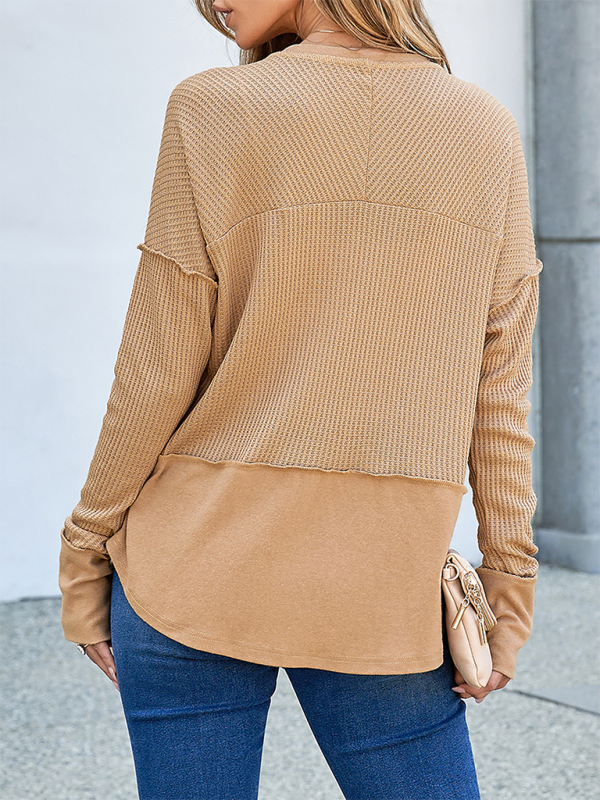 Pullover Tops - Waffle Knit & Solid Patchwork Casual Pullover Top