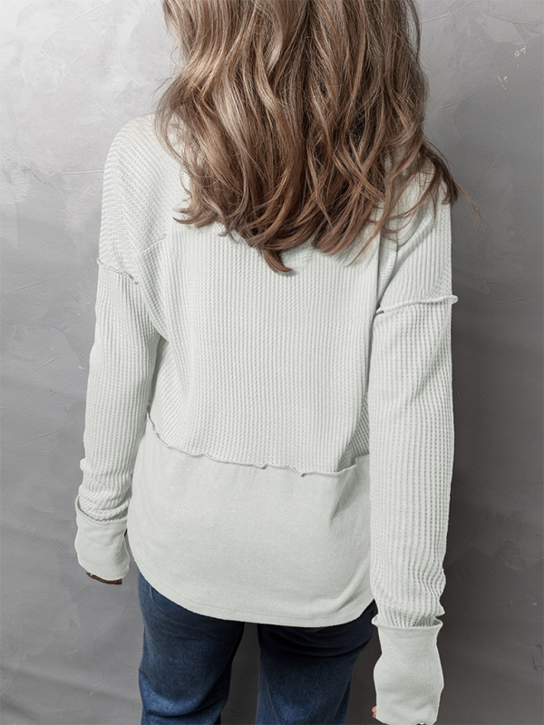 Pullover Tops - Waffle Knit & Solid Patchwork Casual Pullover Top