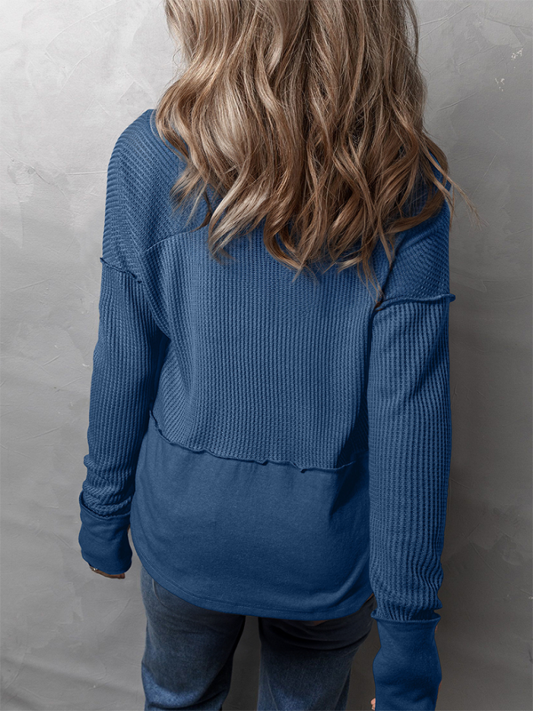 Pullover Tops - Waffle Knit & Solid Patchwork Casual Pullover Top