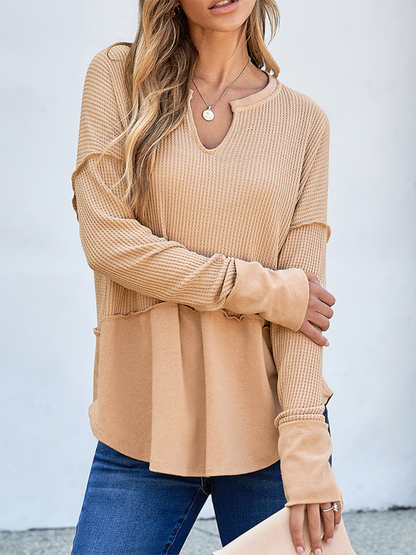 Pullover Tops - Waffle Knit & Solid Patchwork Casual Pullover Top