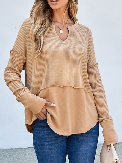 Pullover Tops - Waffle Knit & Solid Patchwork Casual Pullover Top