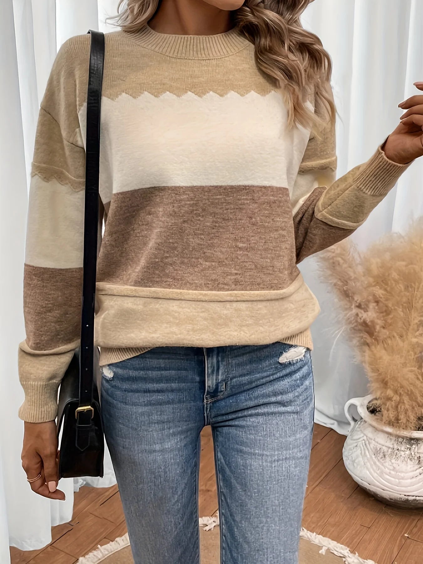 Pullovers- Earth-Tone Stripe Pullover Textured Knit Sweater