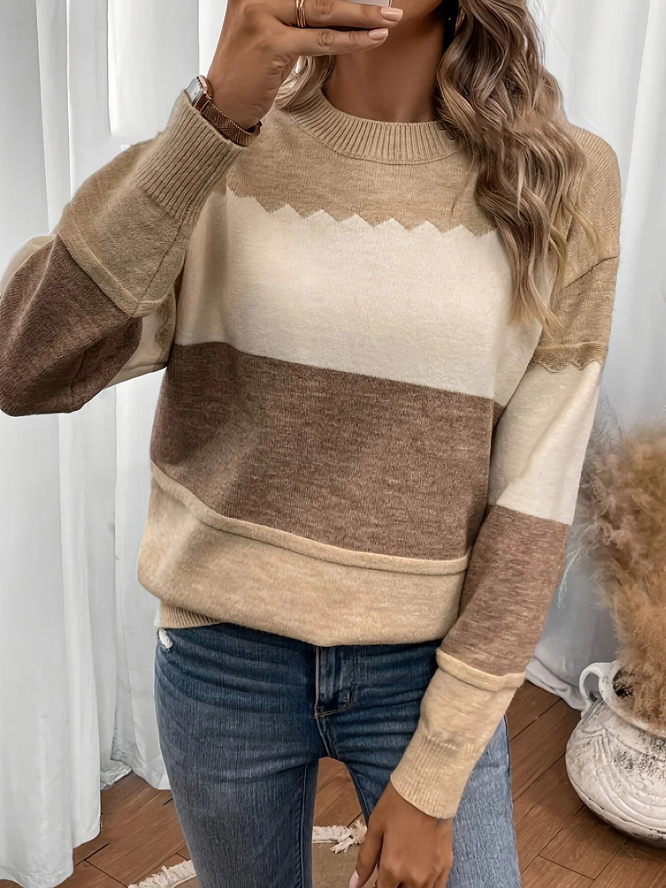 Pullovers- Earth-Tone Stripe Pullover Textured Knit Sweater