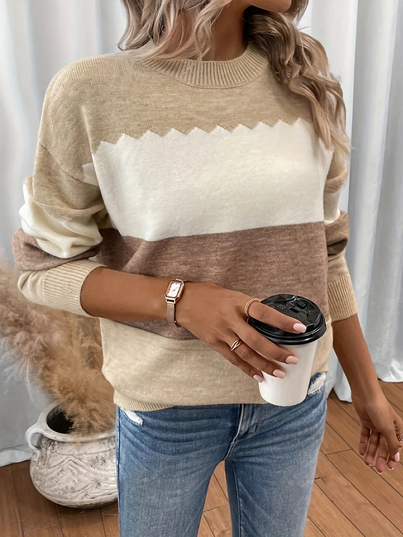 Pullovers- Earth-Tone Stripe Pullover Textured Knit Sweater