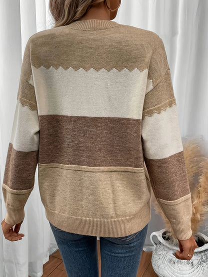 Pullovers- Earth-Tone Stripe Pullover Textured Knit Sweater