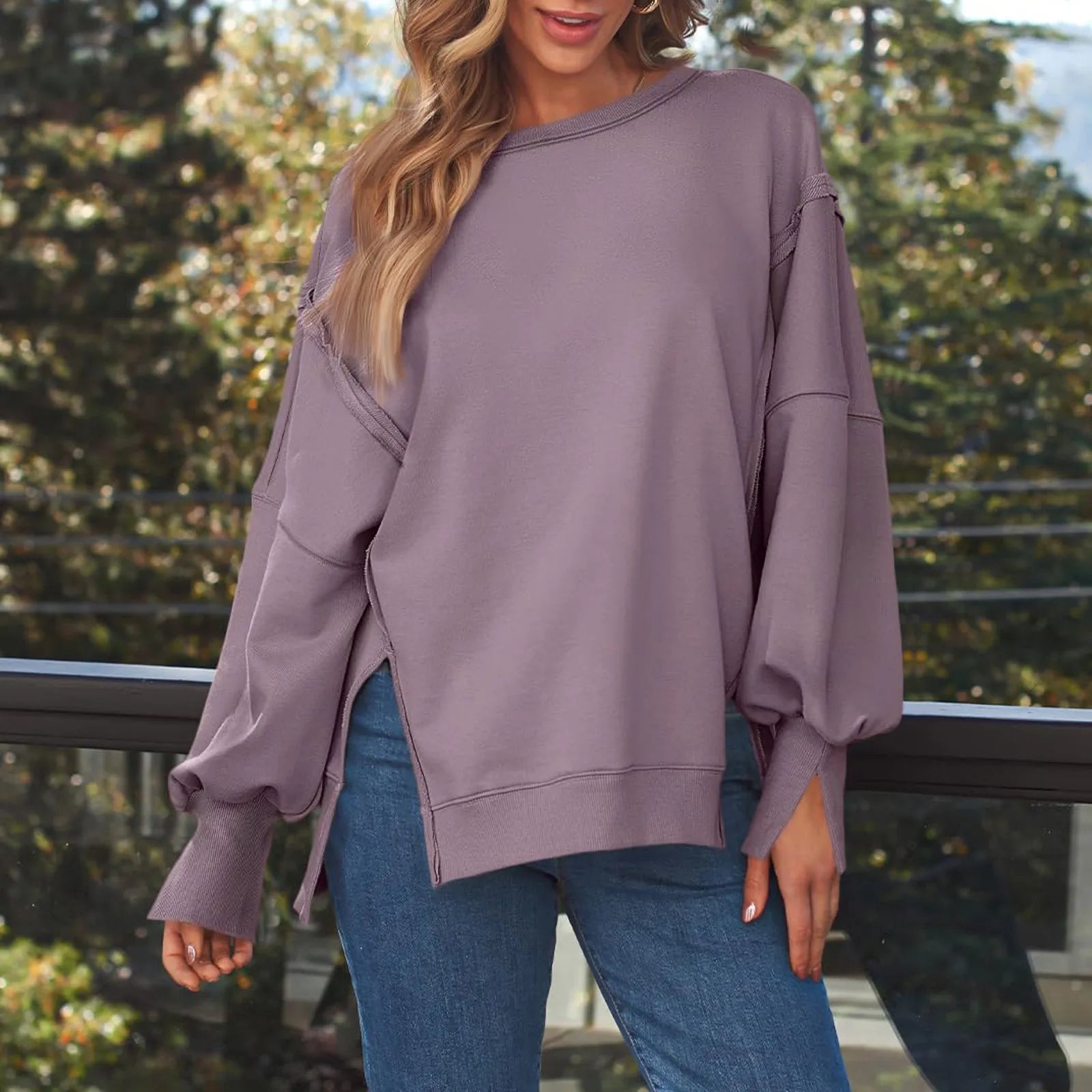 Pullovers- Fall Sweatshirt Drop Shoulder Cut-Out Pullover