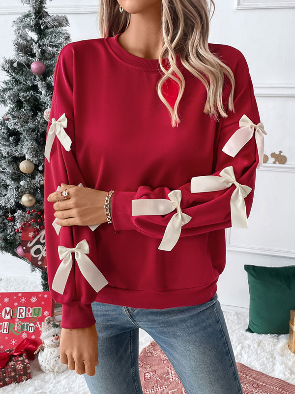 Pullovers - Festive Bow Sleeve Winter Top Holiday Pullover