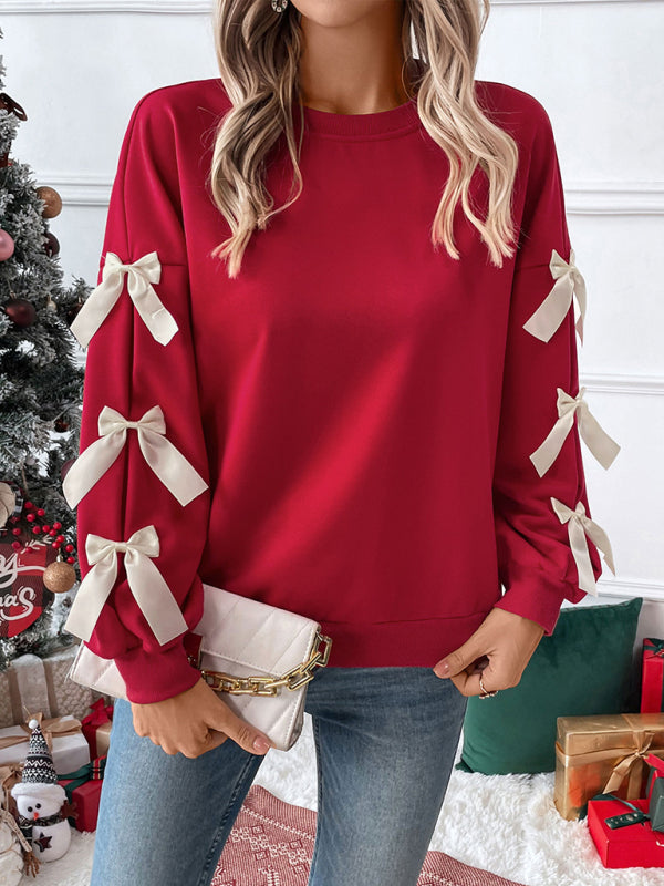 Pullovers - Festive Bow Sleeve Winter Top Holiday Pullover