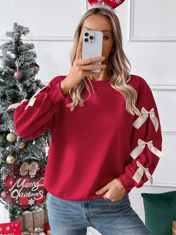 Pullovers - Festive Bow Sleeve Winter Top Holiday Pullover