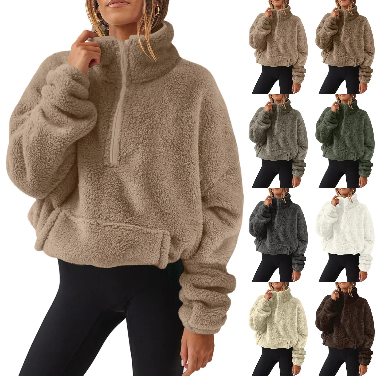 Pullovers - Fleece Winter Pullover Plush High-Neck Sweatshirt for Women