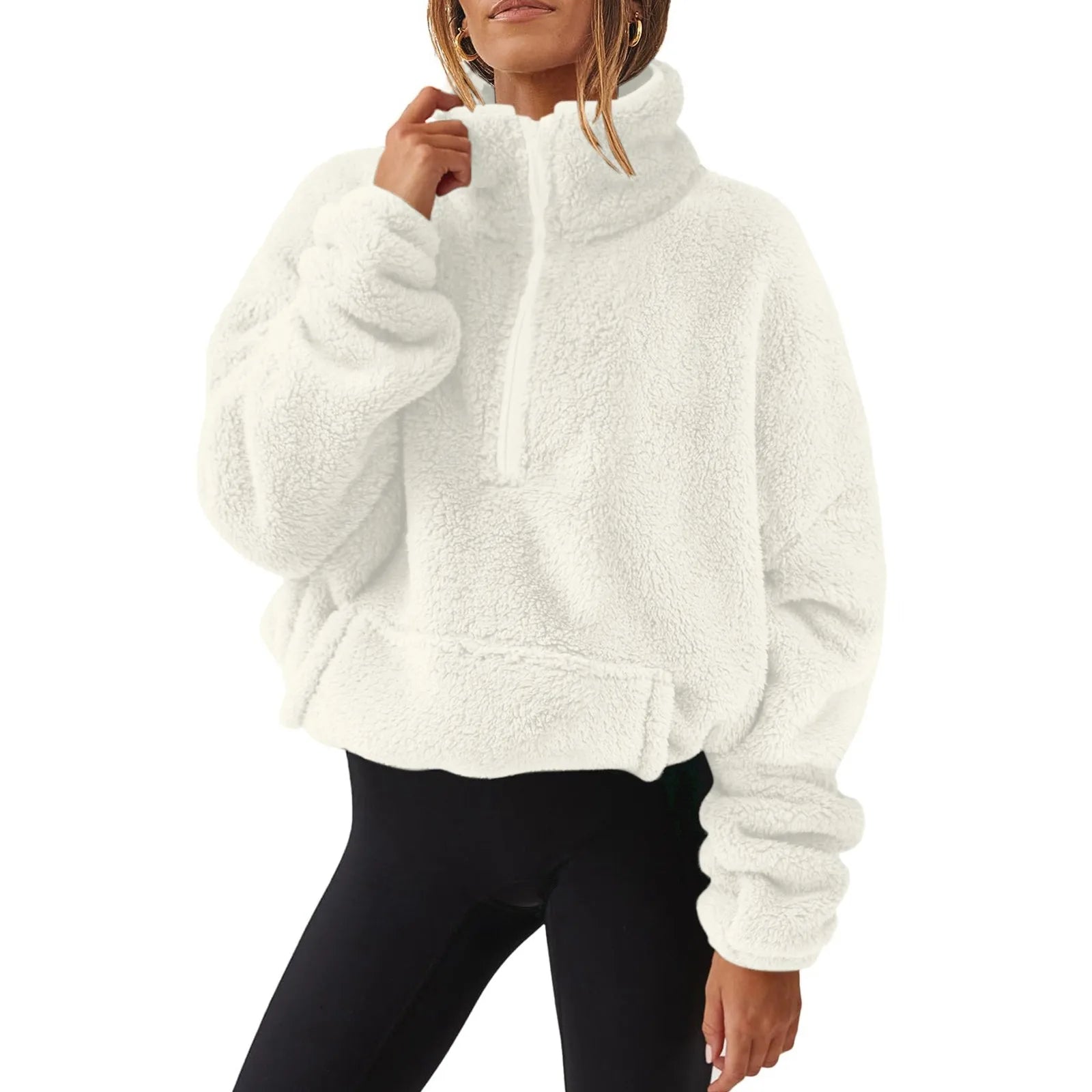 Pullovers - Fleece Winter Pullover Plush High-Neck Sweatshirt for Women