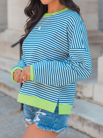 Pullovers - Stripe Neon Accent Top Lounge Loose Sweatshirt