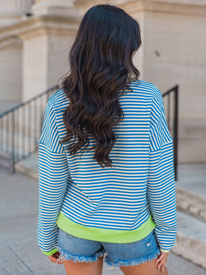 Pullovers - Stripe Neon Accent Top Lounge Loose Sweatshirt