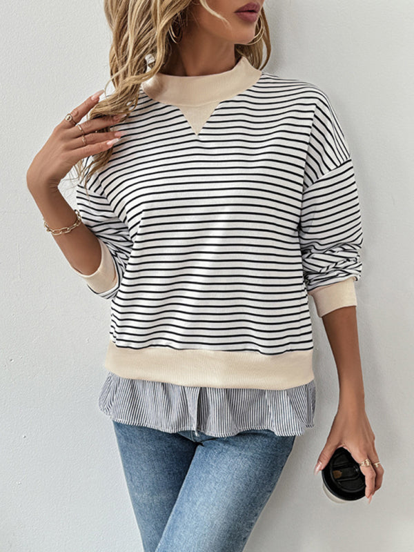 Pullovers - Striped Mock Neck Top Pullover with Layered Hem