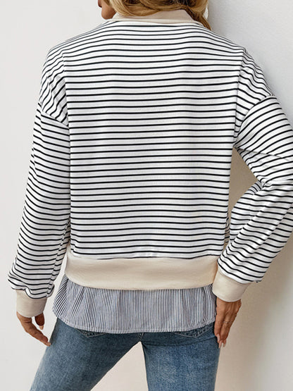 Pullovers - Striped Mock Neck Top Pullover with Layered Hem