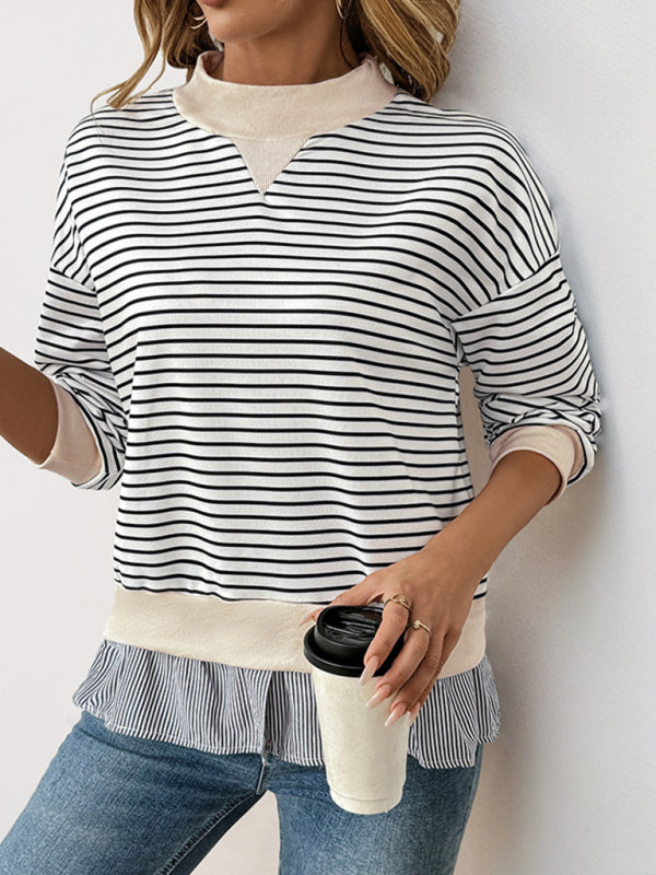 Pullovers - Striped Mock Neck Top Pullover with Layered Hem