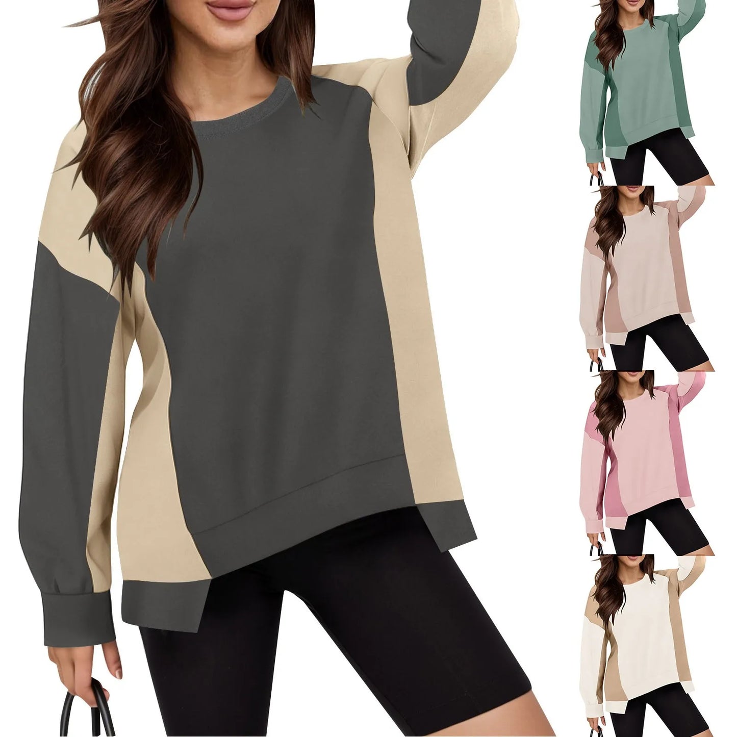 Pullovers Sweatshirts - Casual Bi-Color Pullover Sweatshirts High-low Hem