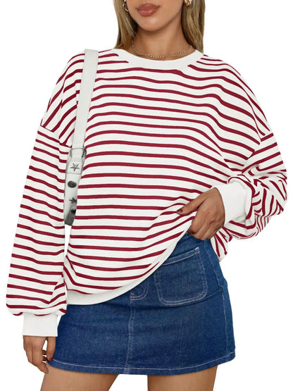 Pullovers Sweatshirts - Casual Stripes Oversized Pullover