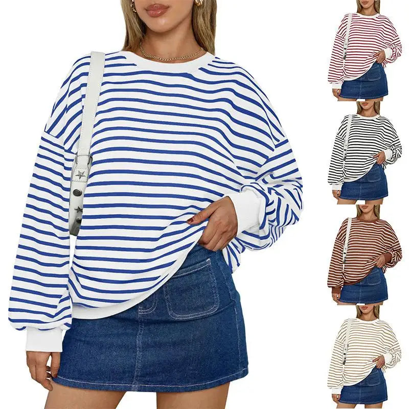 Pullovers Sweatshirts - Casual Stripes Oversized Pullover