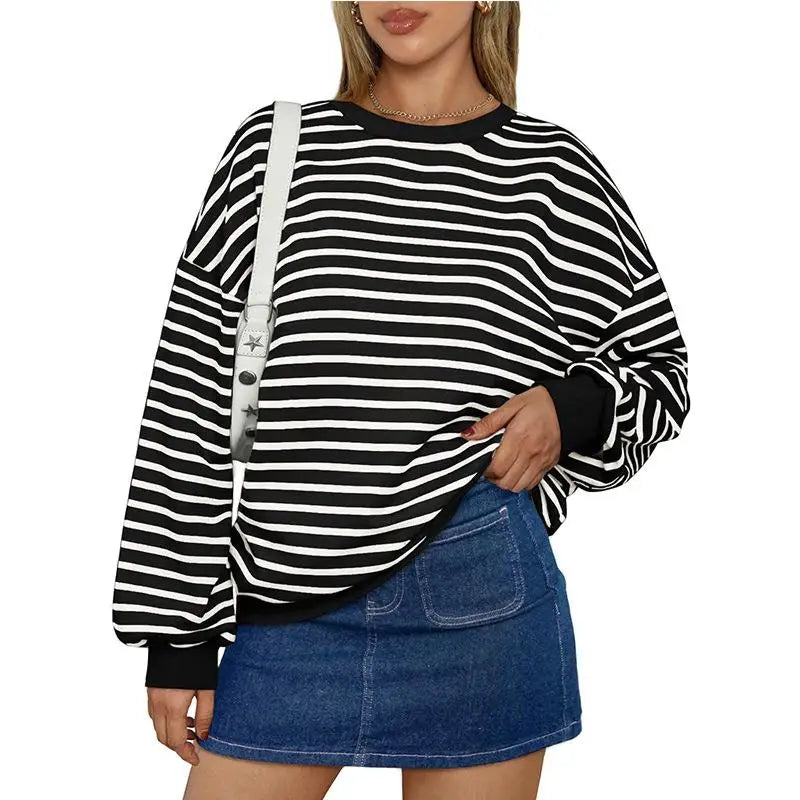 Pullovers Sweatshirts - Casual Stripes Oversized Pullover