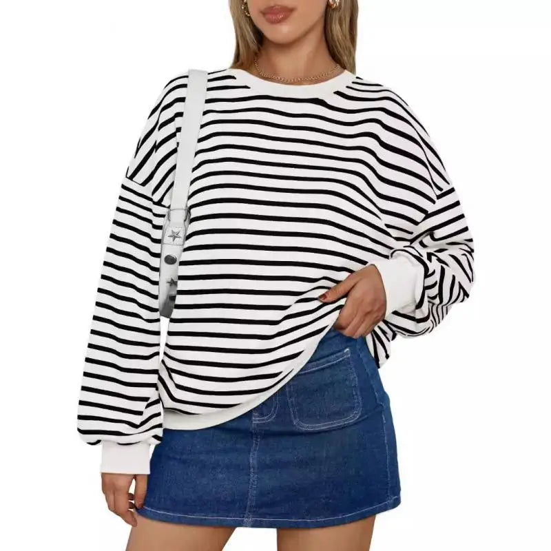 Pullovers Sweatshirts - Casual Stripes Oversized Pullover