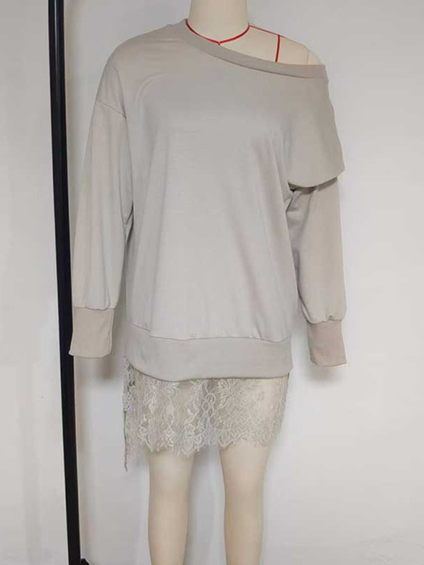 Pullovers - Transitional Lace Hem Pullover Long Sleeve Lace Top for Women