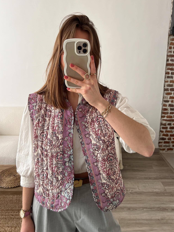 Quilted Jacket Vest- Women Floral Quilted Waistcoat- - Chuzko Women Clothing