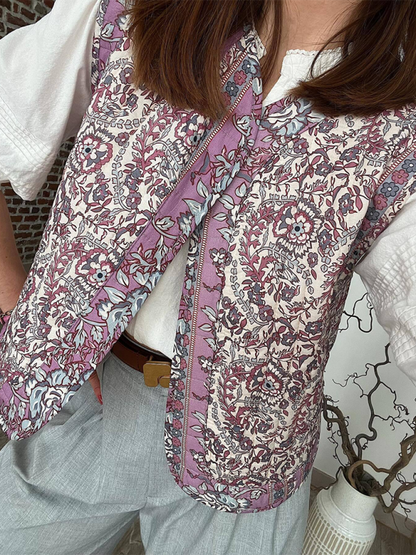 Quilted Jacket Vest- Women Floral Quilted Waistcoat- - Chuzko Women Clothing