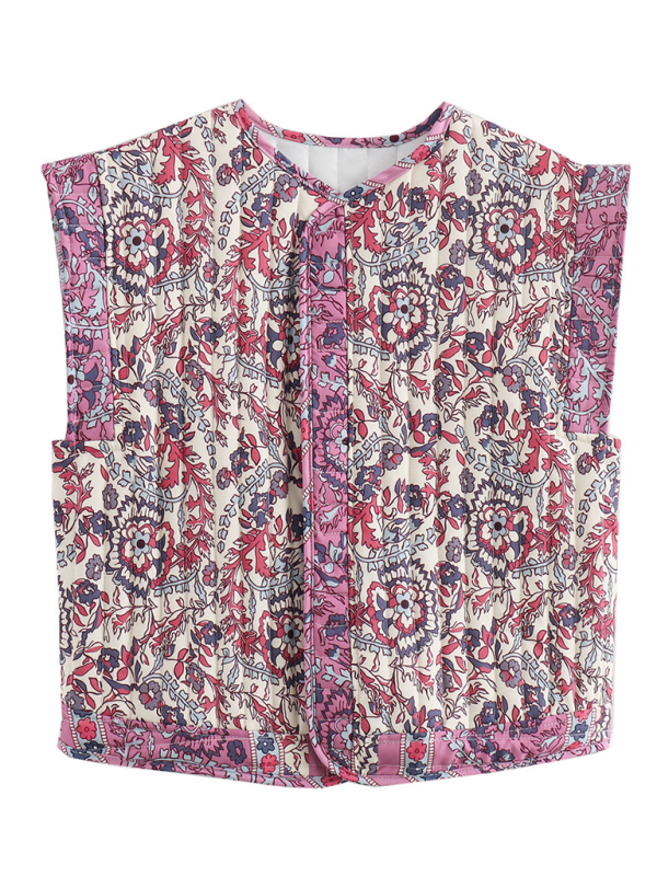 Quilted Jacket Vest- Women Floral Quilted Waistcoat- - Chuzko Women Clothing