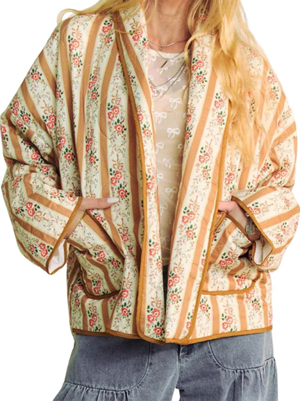 Quilted Jackets - Artistic Floral Quilted Shawl Jacket Boho Throw-On