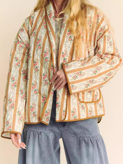 Quilted Jackets - Artistic Floral Quilted Shawl Jacket Boho Throw-On