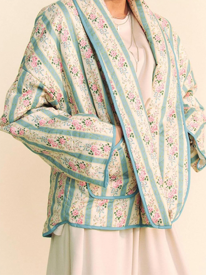 Quilted Jackets - Artistic Floral Quilted Shawl Jacket Boho Throw-On