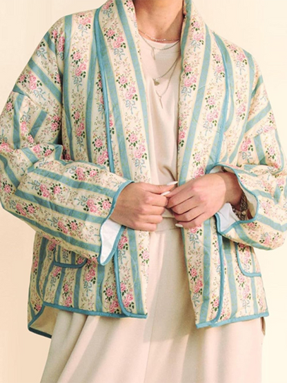 Quilted Jackets - Artistic Floral Quilted Shawl Jacket Boho Throw-On