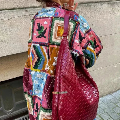 Quilted Jackets- Artistic Patchwork Oversized Quilted Jacket for Women- - Chuzko Women Clothing