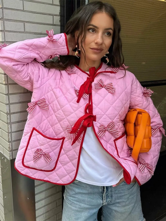 Quilted Jackets- Loose-Fit Quilted Jacket for Women with Tie-Up Bow- Pink- Pekosa Women Fashion