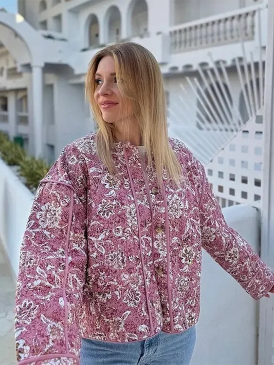 Quilted Jackets- Floral Pink Quilted Jacket Perfect for Everyday Wear- Pink- Pekosa Women Fashion