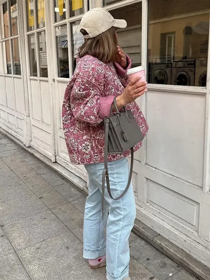 Quilted Jackets- Floral Pink Quilted Jacket Perfect for Everyday Wear- - Pekosa Women Fashion