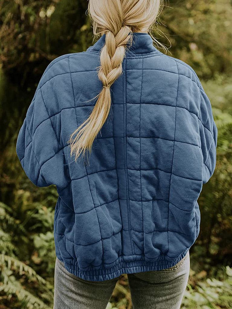 Quilted Jackets- Solid Cotton Blend High Neck Zip-Up Quilted Jacket- - Pekosa Women Clothing