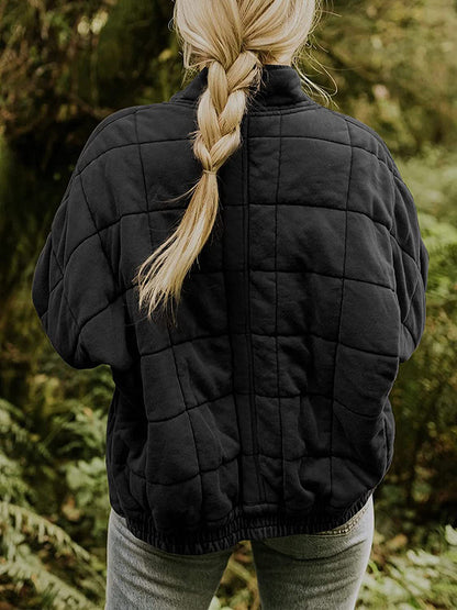 Quilted Jackets- Solid Cotton Blend High Neck Zip-Up Quilted Jacket- - Pekosa Women Clothing