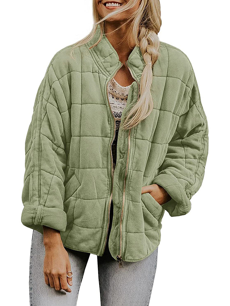 Quilted Jackets- Solid Cotton Blend High Neck Zip-Up Quilted Jacket- - Pekosa Women Clothing