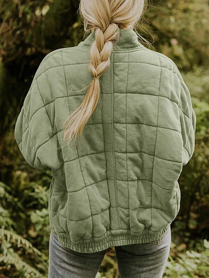 Quilted Jackets- Solid Cotton Blend High Neck Zip-Up Quilted Jacket- - Pekosa Women Clothing