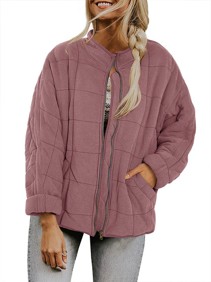 Quilted Jackets- Solid Cotton Blend High Neck Zip-Up Quilted Jacket- - Pekosa Women Clothing