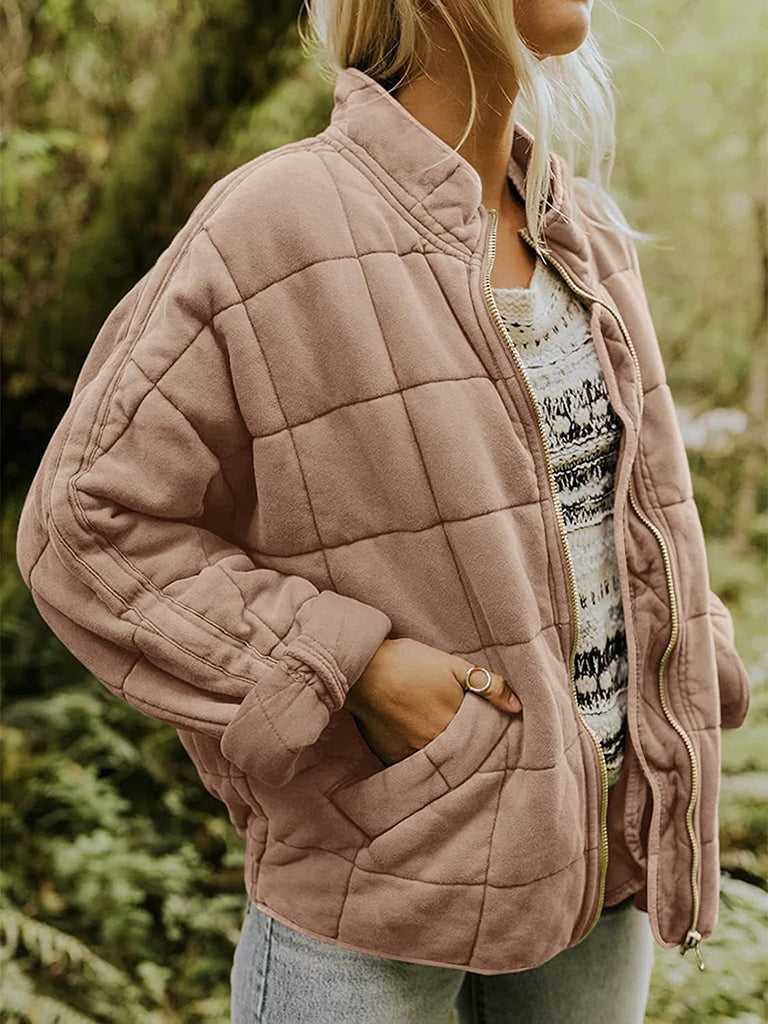 Quilted Jackets- Solid Cotton Blend High Neck Zip-Up Quilted Jacket- - Pekosa Women Clothing