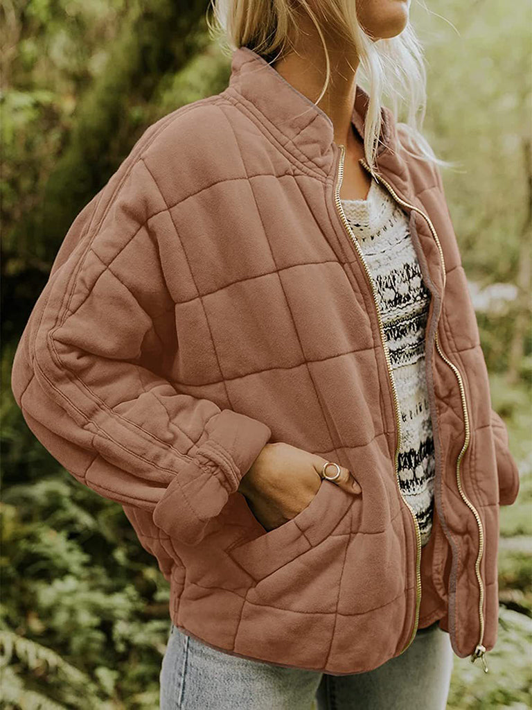 Quilted Jackets- Solid Cotton Blend High Neck Zip-Up Quilted Jacket- - Pekosa Women Clothing