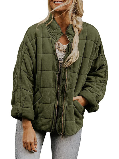 Quilted Jackets- Solid Cotton Blend High Neck Zip-Up Quilted Jacket- - Pekosa Women Clothing