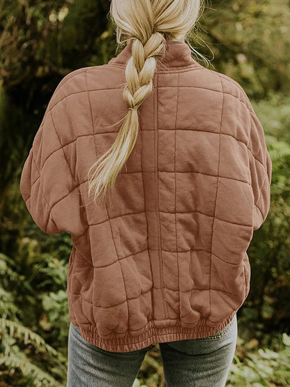 Quilted Jackets- Solid Cotton Blend High Neck Zip-Up Quilted Jacket- - Pekosa Women Clothing