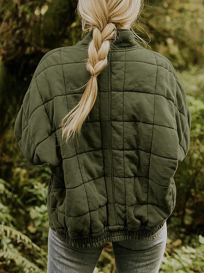 Quilted Jackets- Solid Cotton Blend High Neck Zip-Up Quilted Jacket- - Pekosa Women Clothing