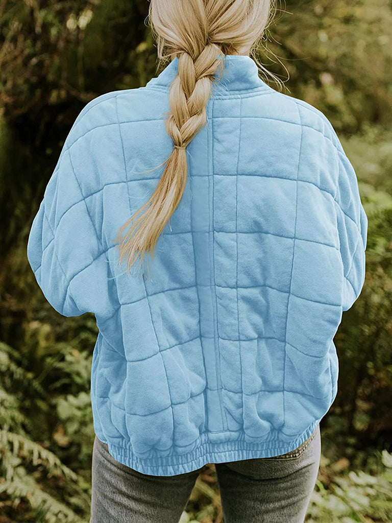 Quilted Jackets- Solid Cotton Blend High Neck Zip-Up Quilted Jacket- - Pekosa Women Clothing